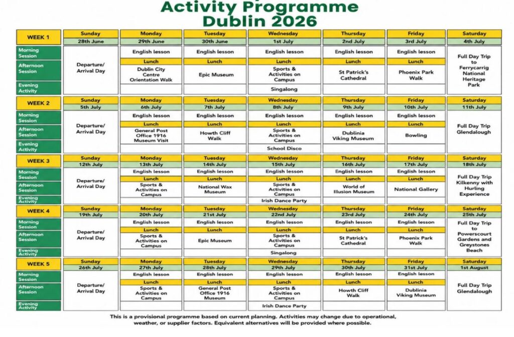 Horario del Curso de Inglés para Adolescentes en Dublín