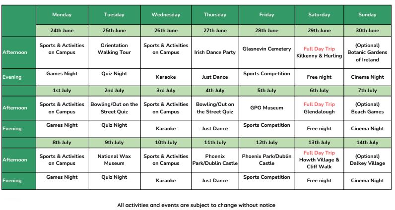 Horario actividades programa residencia dublín irlanda ingles y punto