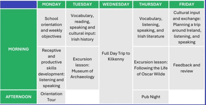 un calendario de clases y actividades que es un ejemplo de lo que se realizan durante el programa de Inglés y Punto en Dublín de adultos +50