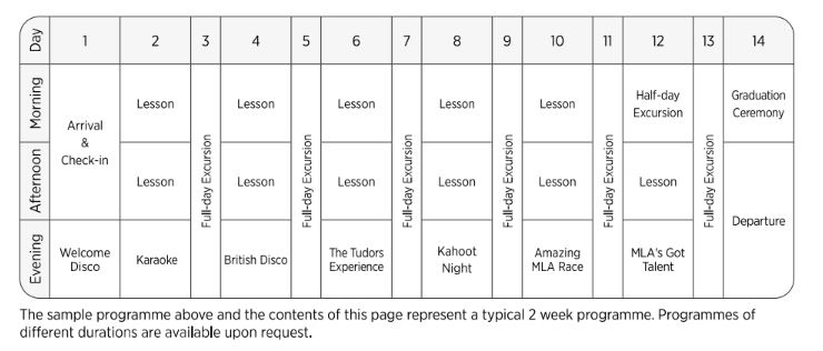 Horario de las actividades en el programa de jóvenes en Londres de ingles y punto