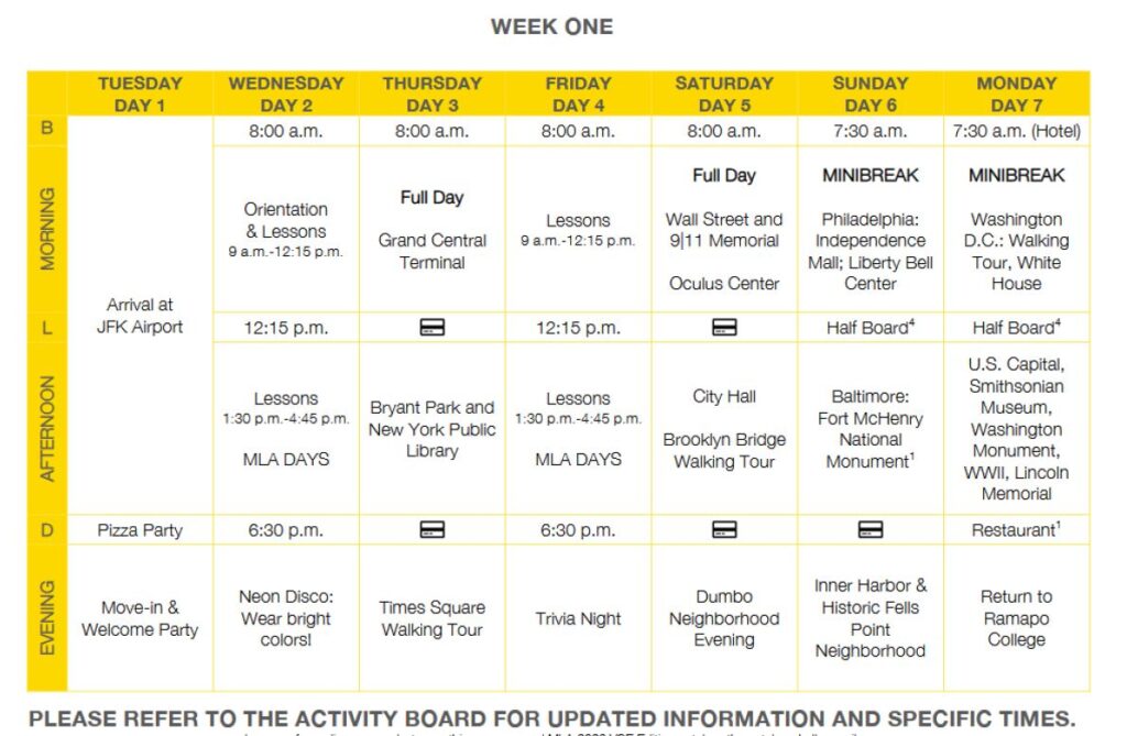 Calendario de actividades del programa de Nueva York y Washington día a día del programa de ingles y punto.