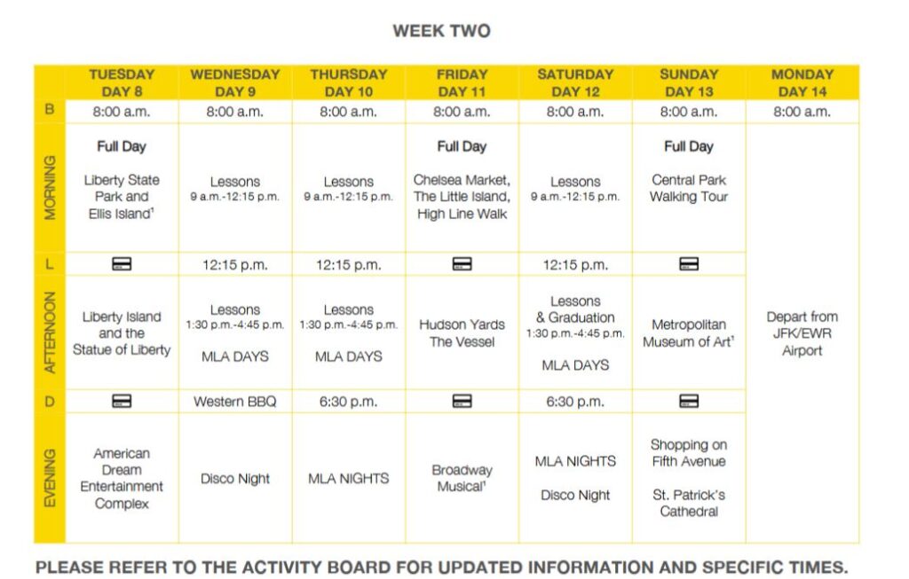 Calendario de actividades del programa de Nueva York y Washington día a día del programa de ingles y punto.