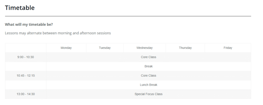 Horario de clases del programa de adultos en Nueva York de inglés y Punto