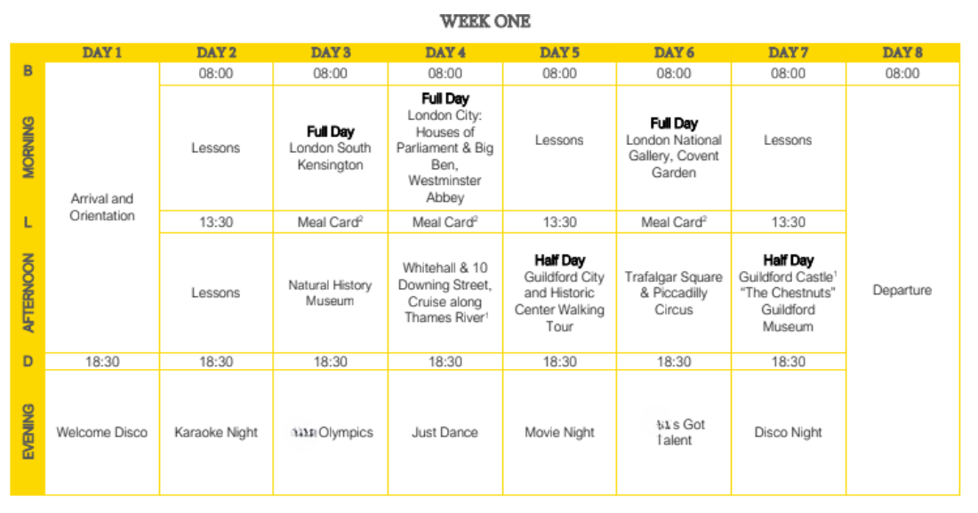 horario actividades programa jóvenes Londres Inglés y Punto