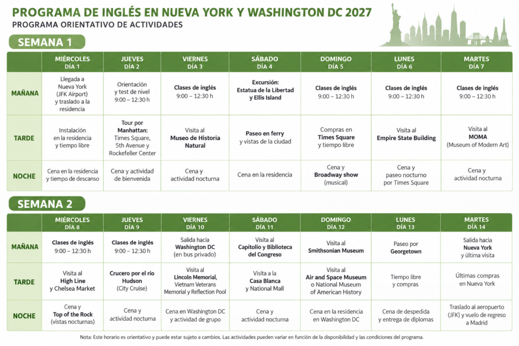 Calendario de actividades del programa de inglés en Nueva York y Washington DC 2027 para jóvenes, del 30 de junio al 13 de julio, con clases de inglés, excursiones y visitas culturales.